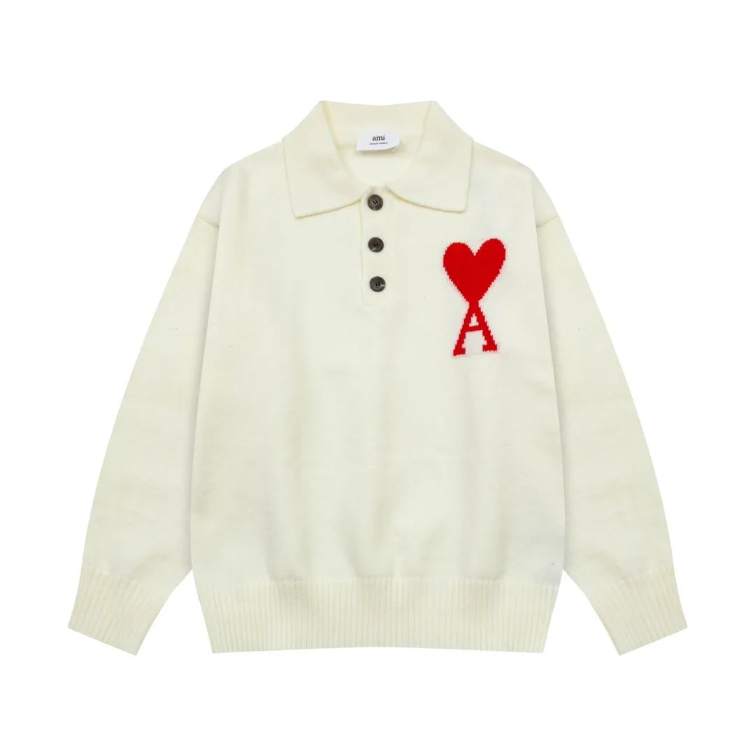 8162# Ami Paris 2024 autumn and winter new big love jacquard wool Ami De Coeur polo collar pullover sweater, same style for men and women, Oversize version, color: black, white, gray, yellow, green, size S-XL