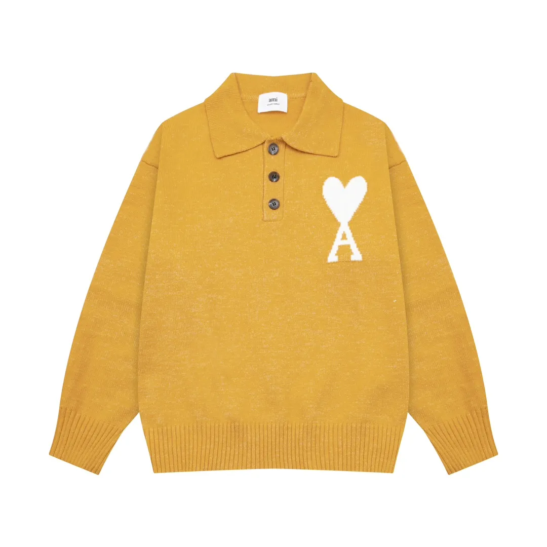 8162# Ami Paris 2024 autumn and winter new big love jacquard wool Ami De Coeur polo collar pullover sweater, same style for men and women, Oversize version, color: black, white, gray, yellow, green, size S-XL