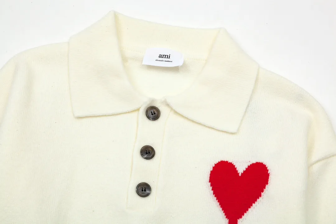 8162# Ami Paris 2024 autumn and winter new big love jacquard wool Ami De Coeur polo collar pullover sweater, same style for men and women, Oversize version, color: black, white, gray, yellow, green, size S-XL
