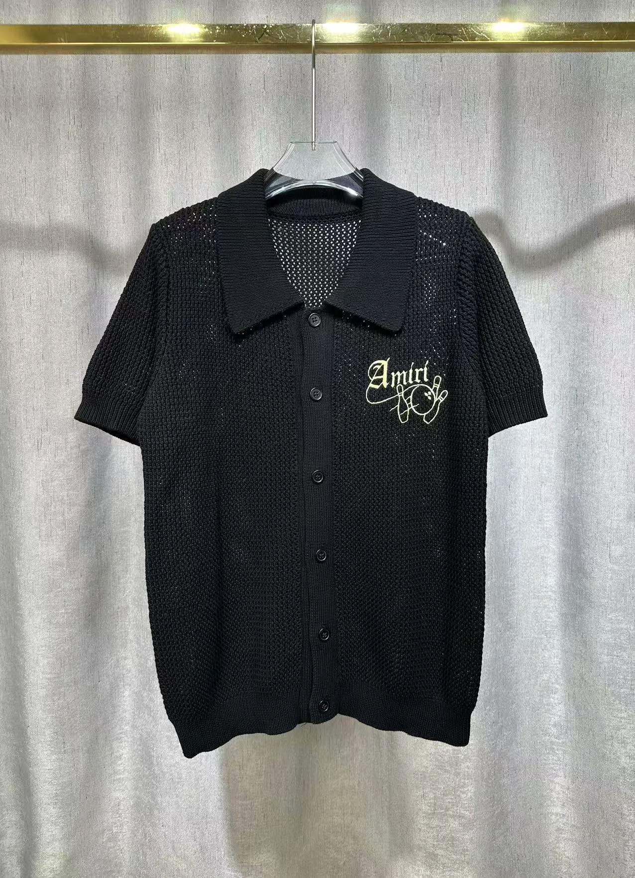 P270 🎉2025 AMIRI new summer sweater fabric POLO collar cardigan short sleeves, front and back bowling balls 🎳 pattern embroidery 🈵 body hollow heavy craftsmanship Color: White Black Size: S M L XL XXL