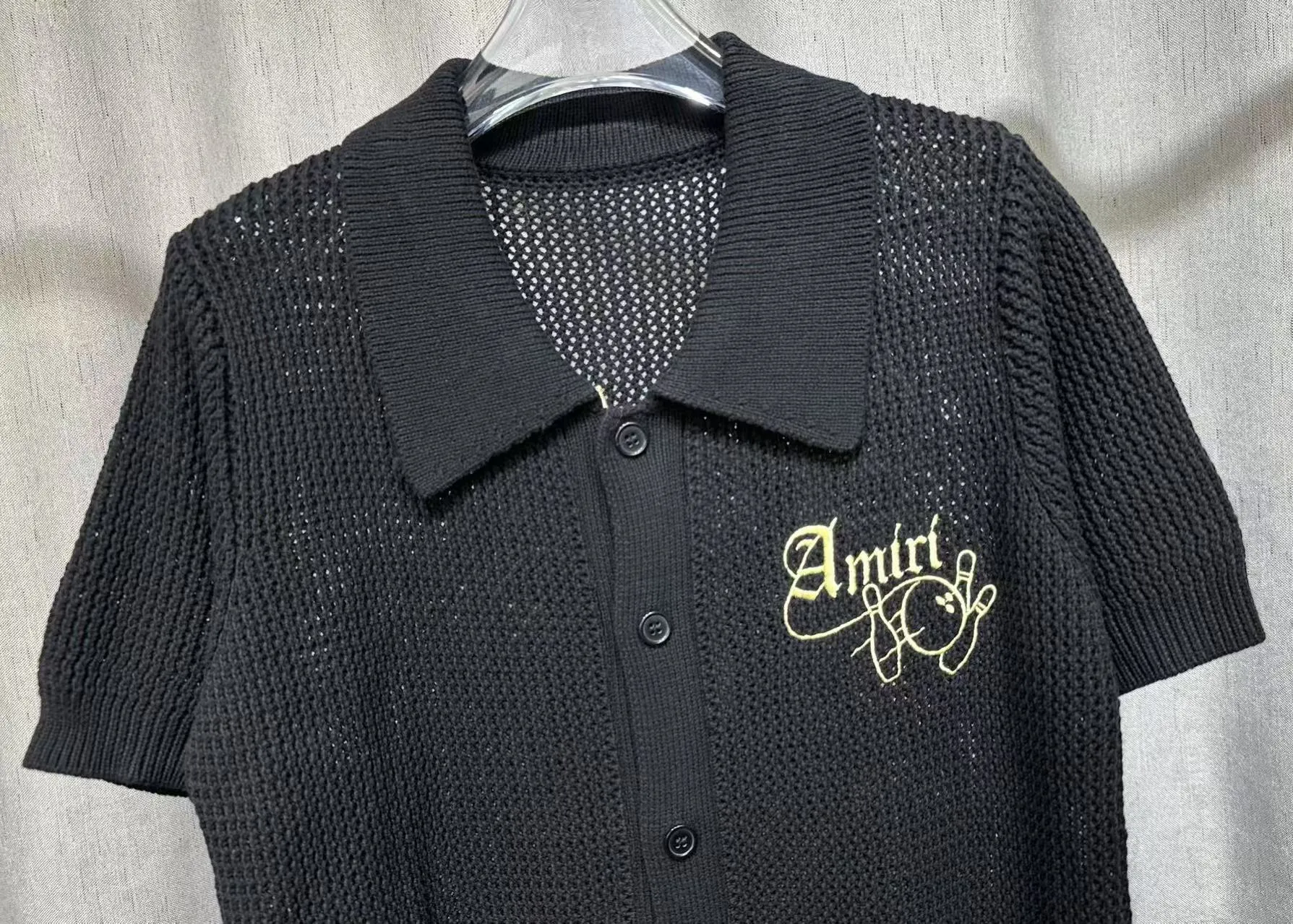 P270 🎉2025 AMIRI new summer sweater fabric POLO collar cardigan short sleeves, front and back bowling balls 🎳 pattern embroidery 🈵 body hollow heavy craftsmanship Color: White Black Size: S M L XL XXL