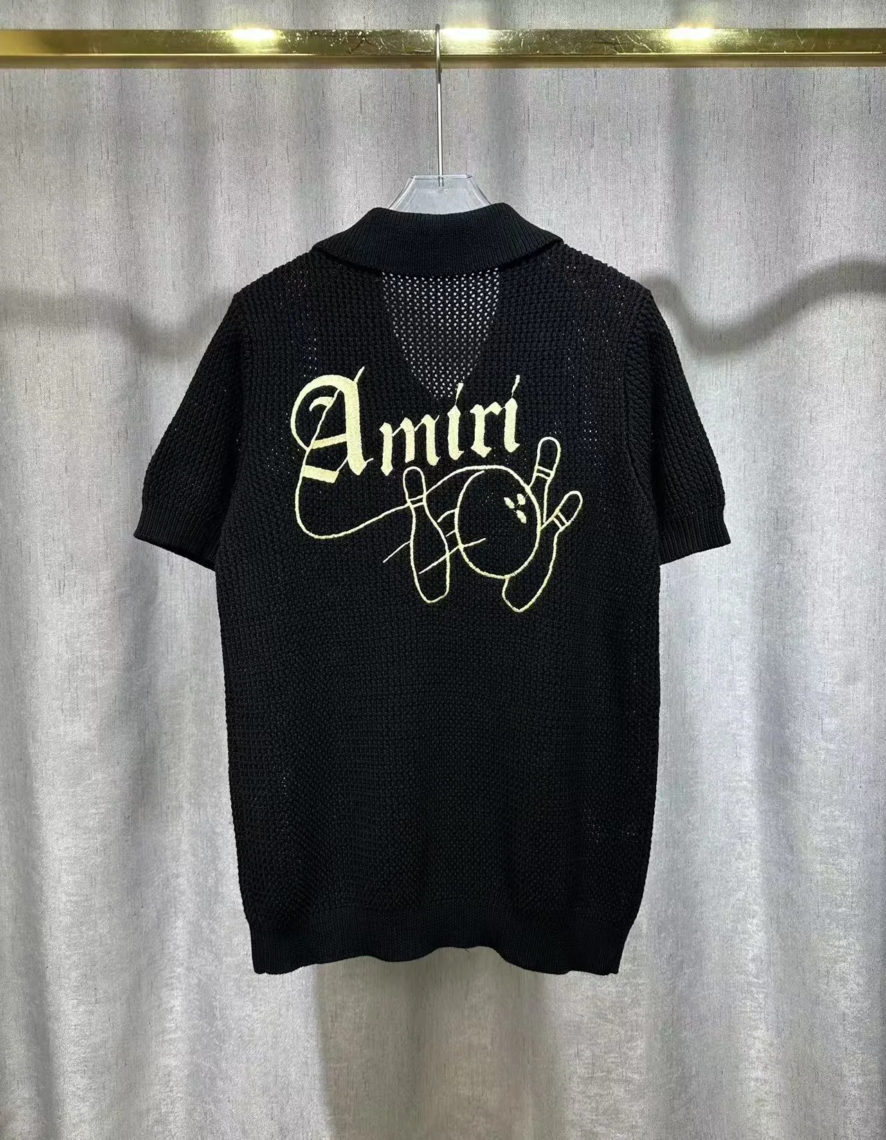 P270 🎉2025 AMIRI new summer sweater fabric POLO collar cardigan short sleeves, front and back bowling balls 🎳 pattern embroidery 🈵 body hollow heavy craftsmanship Color: White Black Size: S M L XL XXL