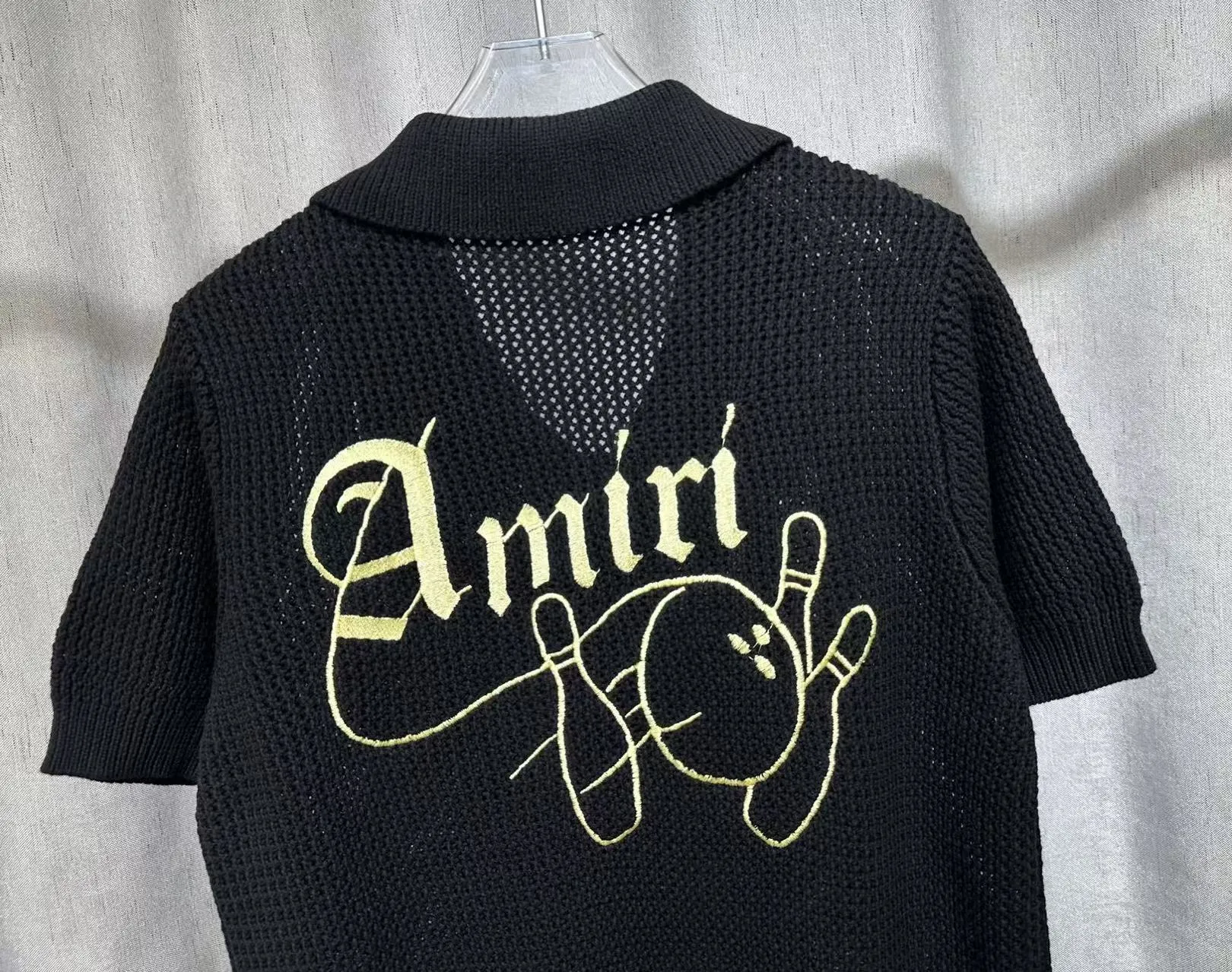 P270 🎉2025 AMIRI new summer sweater fabric POLO collar cardigan short sleeves, front and back bowling balls 🎳 pattern embroidery 🈵 body hollow heavy craftsmanship Color: White Black Size: S M L XL XXL