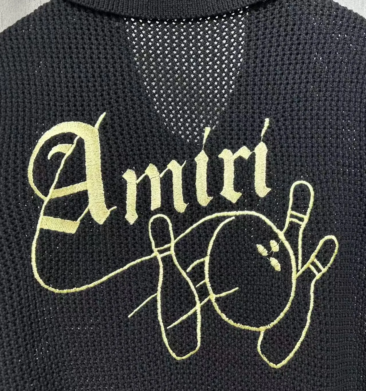 P270 🎉2025 AMIRI new summer sweater fabric POLO collar cardigan short sleeves, front and back bowling balls 🎳 pattern embroidery 🈵 body hollow heavy craftsmanship Color: White Black Size: S M L XL XXL