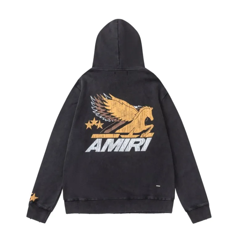 P330 7190#AMIRI Pegasus LOGO, 480g fabric with distressed hole craftsmanship, color: black, size: S M L XL