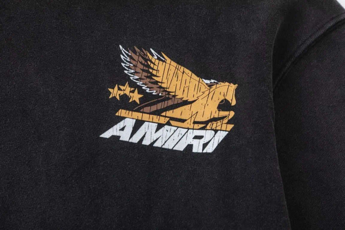 P330 7190#AMIRI Pegasus LOGO, 480g fabric with distressed hole craftsmanship, color: black, size: S M L XL