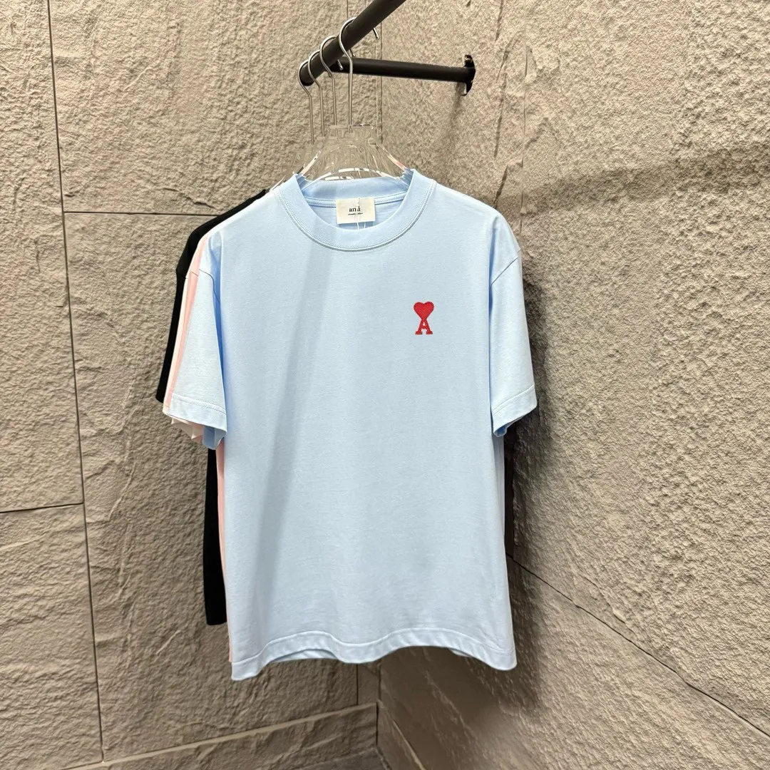 🅿️180 Ami* 2025 spring and summer new style Embroidered red love Customized double yarn plain cotton fabric Short-sleeved T-shirt Uniform for men and women Color: black white light blue light pink Size: S (90-130 pounds) M (120-150 pounds) L (140-165 pounds) XL (160-180 pounds) XXL (180-210 pounds)