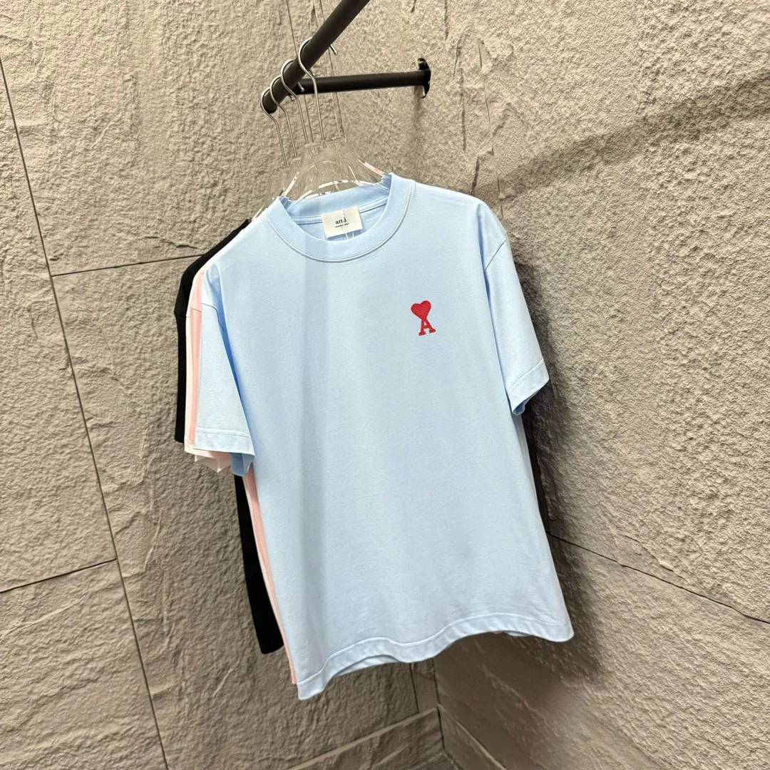 🅿️180 Ami* 2025 spring and summer new style Embroidered red love Customized double yarn plain cotton fabric Short-sleeved T-shirt Uniform for men and women Color: black white light blue light pink Size: S (90-130 pounds) M (120-150 pounds) L (140-165 pounds) XL (160-180 pounds) XXL (180-210 pounds)
