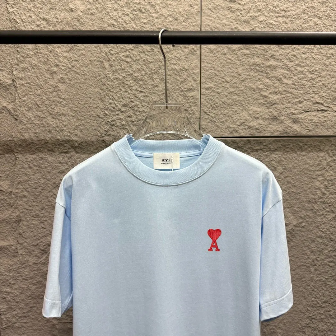 🅿️180 Ami* 2025 spring and summer new style Embroidered red love Customized double yarn plain cotton fabric Short-sleeved T-shirt Uniform for men and women Color: black white light blue light pink Size: S (90-130 pounds) M (120-150 pounds) L (140-165 pounds) XL (160-180 pounds) XXL (180-210 pounds)