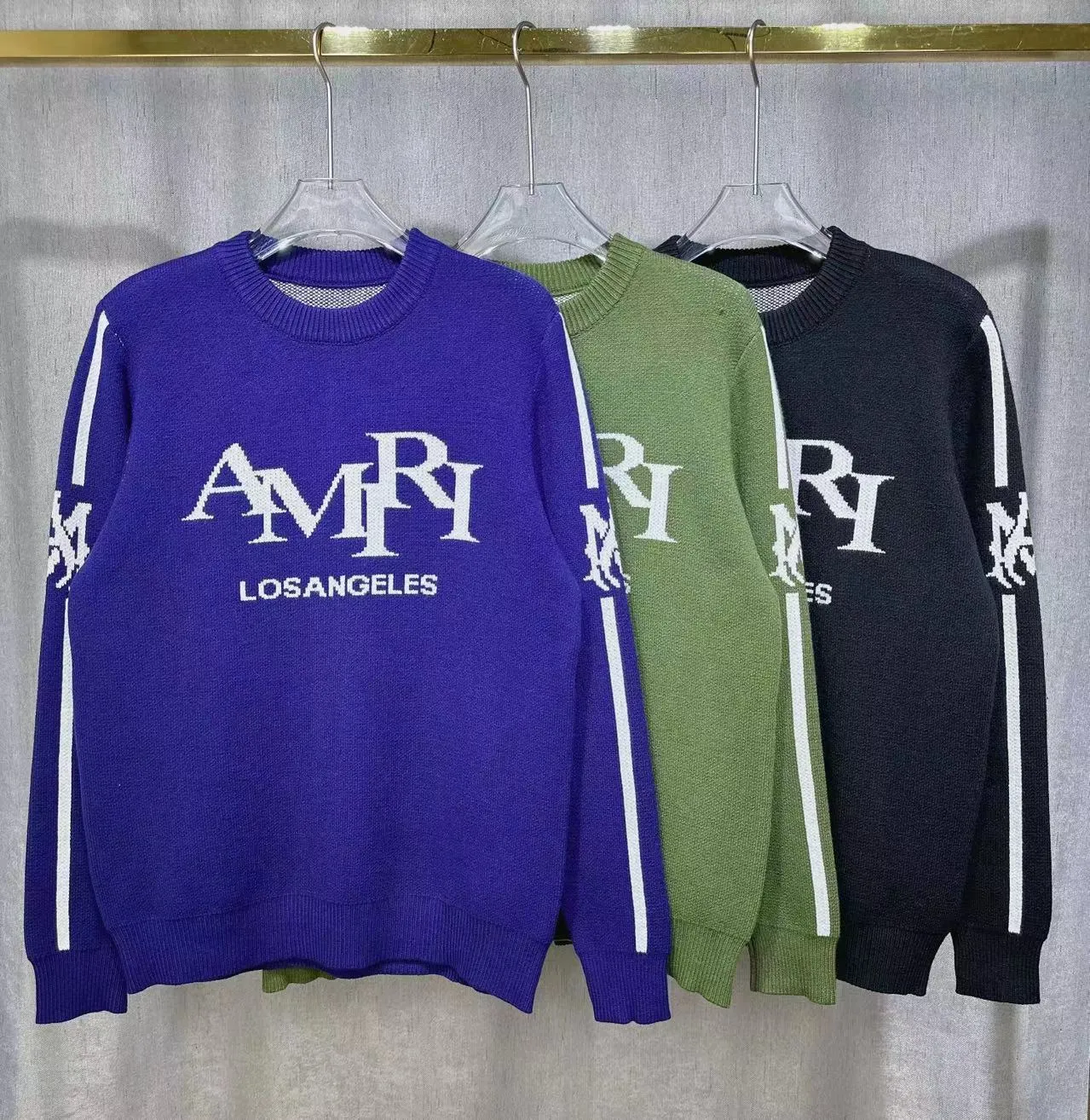 P240 AMIRI new autumn and winter sweater Amiri letter jacquard on the front, large Ⓜ️exclusive Logo jacquard on the back Color: Green Black Royal Blue Size: S M L XL XXL