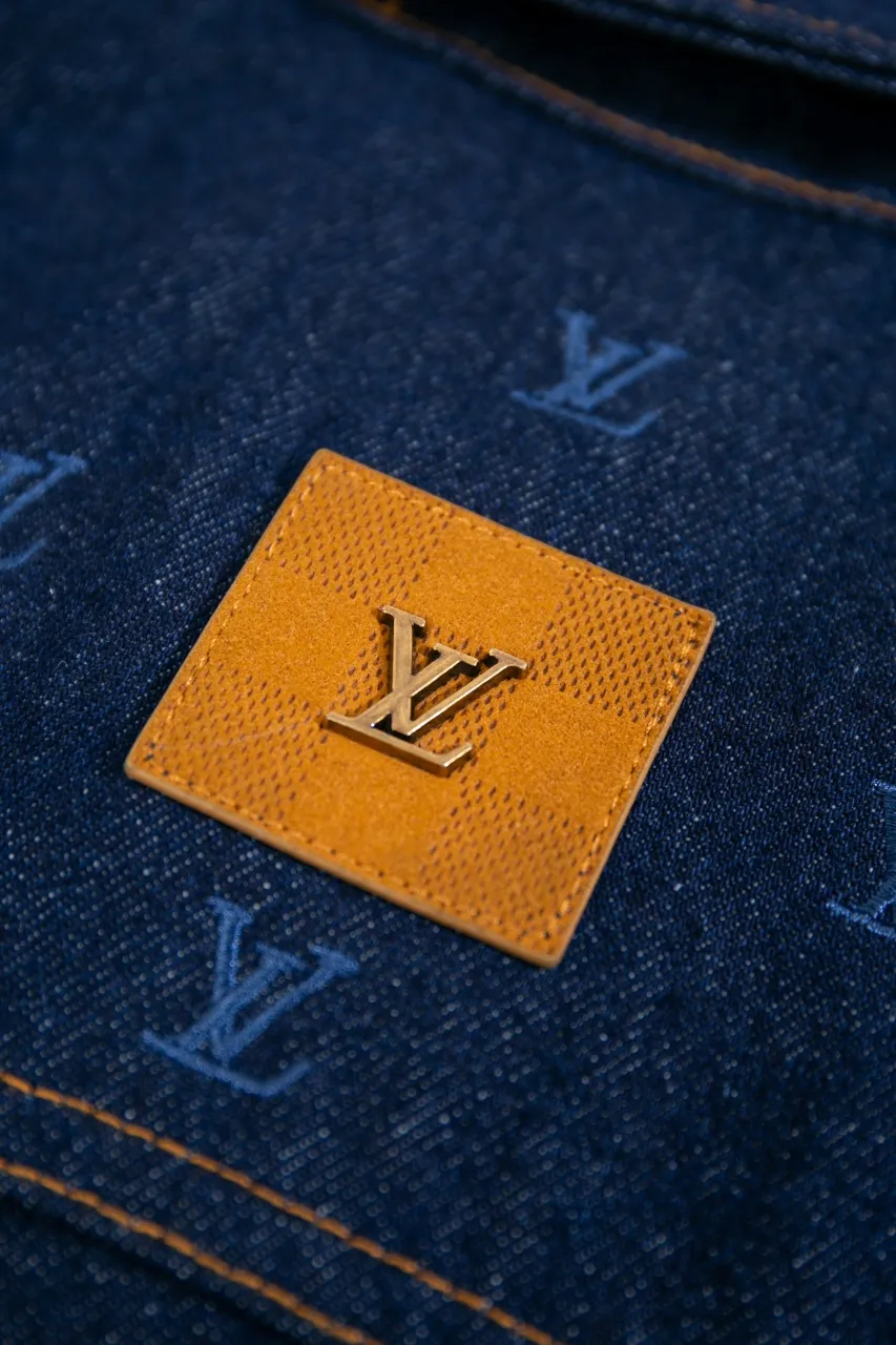 LV Embroidered Denim Tunic Jacket This belted jacket is crafted from washed denim in a classic trucker jacket silhouette, with yarn embroidery depicting the all-over LV Blason pattern and contrasting topstitching and button details. Metallic LV accents and a Damier nubuck label perch on the back make it perfect for the season with the matching trousers.  Regular fit All-over LV Blason embroidery Rear nubuck label with metallic LV accents Denim buttons at front