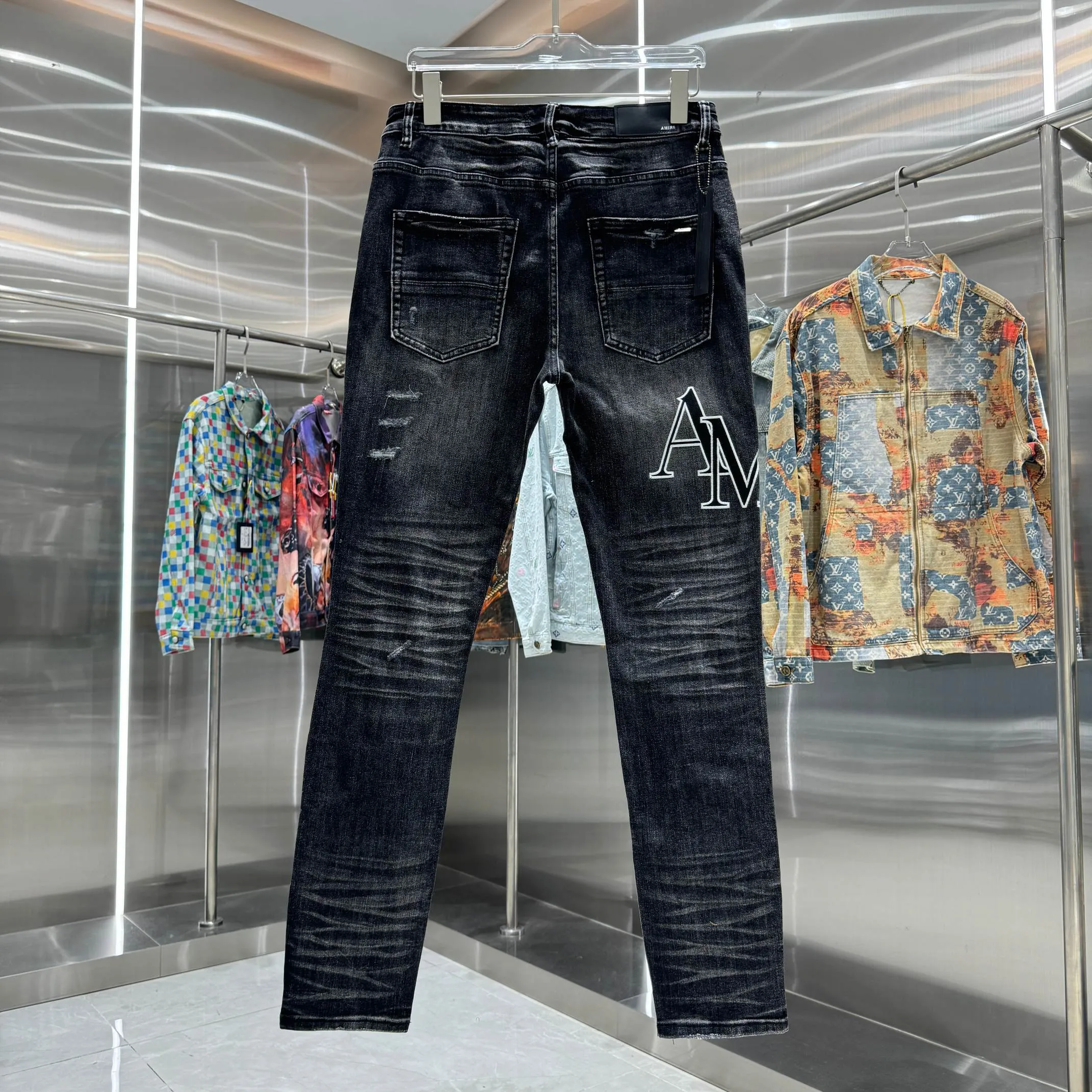 P290 Amiri ripped letter embroidery craft street fashion slim fit stretch jeans Color Black Size 30 32 34 36 38