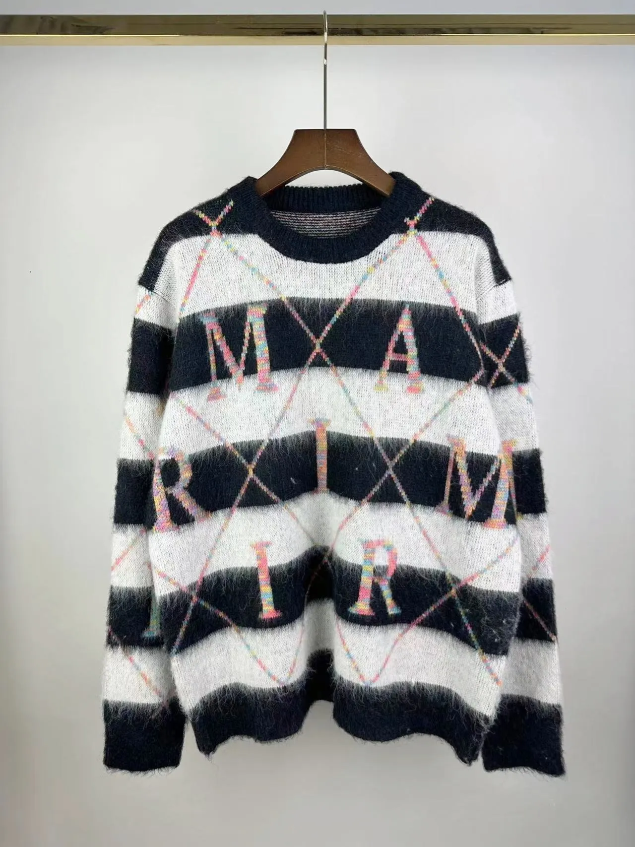 P260 🎉AMIRI new seahorse wool sweater, horizontal stripes, colorful diamond check, 🈵color letters on the body, number: S M L XL XXL