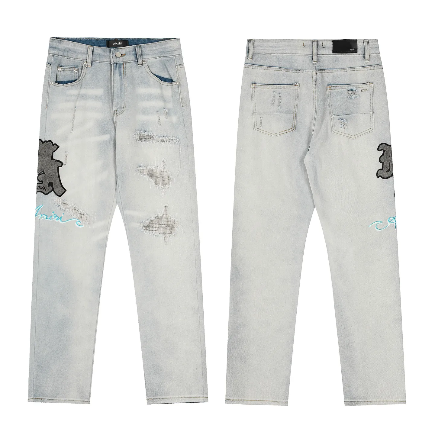 #M56 P168💰 AMIRI patch embroidery jeans trousers AMIRI high street basic ripped tight elastic jeans trousers amiri brand jeans break the production process and cutting of the original jeans, the fabrics are softer and more comfortable Hand-sewn collar label Customized logo buttons Genuine leather tag Color: Picture color Size: 30-32-34-36