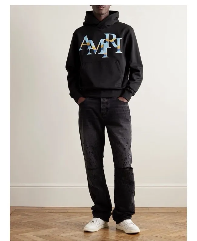 Style number: 882 P220 Fabric: 360g pure cotton terry sweatshirt AMIRI 2025 autumn and winter new logo hooded terry sweatshirt high street unisex loose classic letter jacket Color: black Size: S M L XL