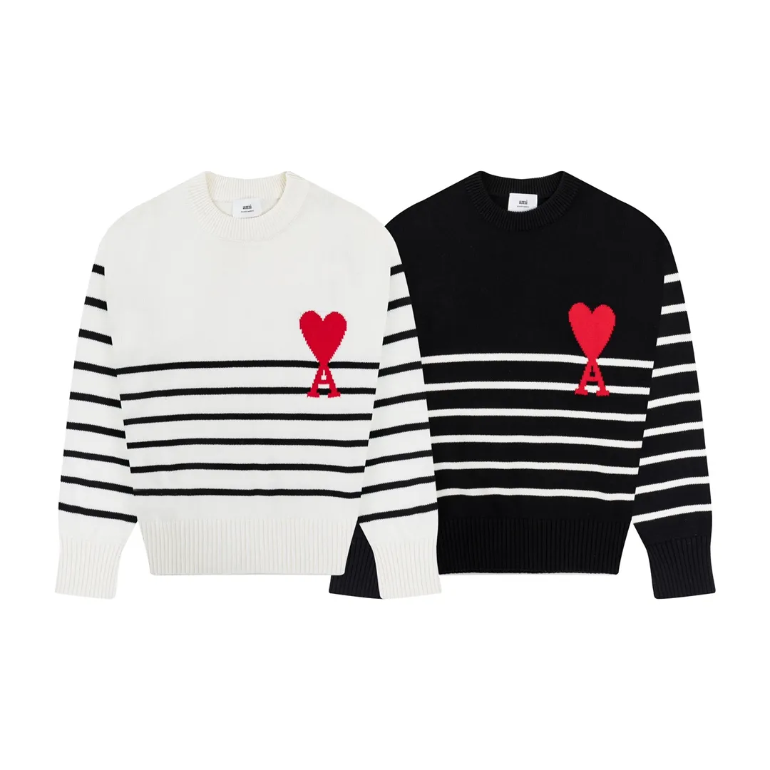 CYA33# AMI Paris 22 spring and summer new Ami de Coeur love striped crew neck sweater Color: black white Size: S-XL