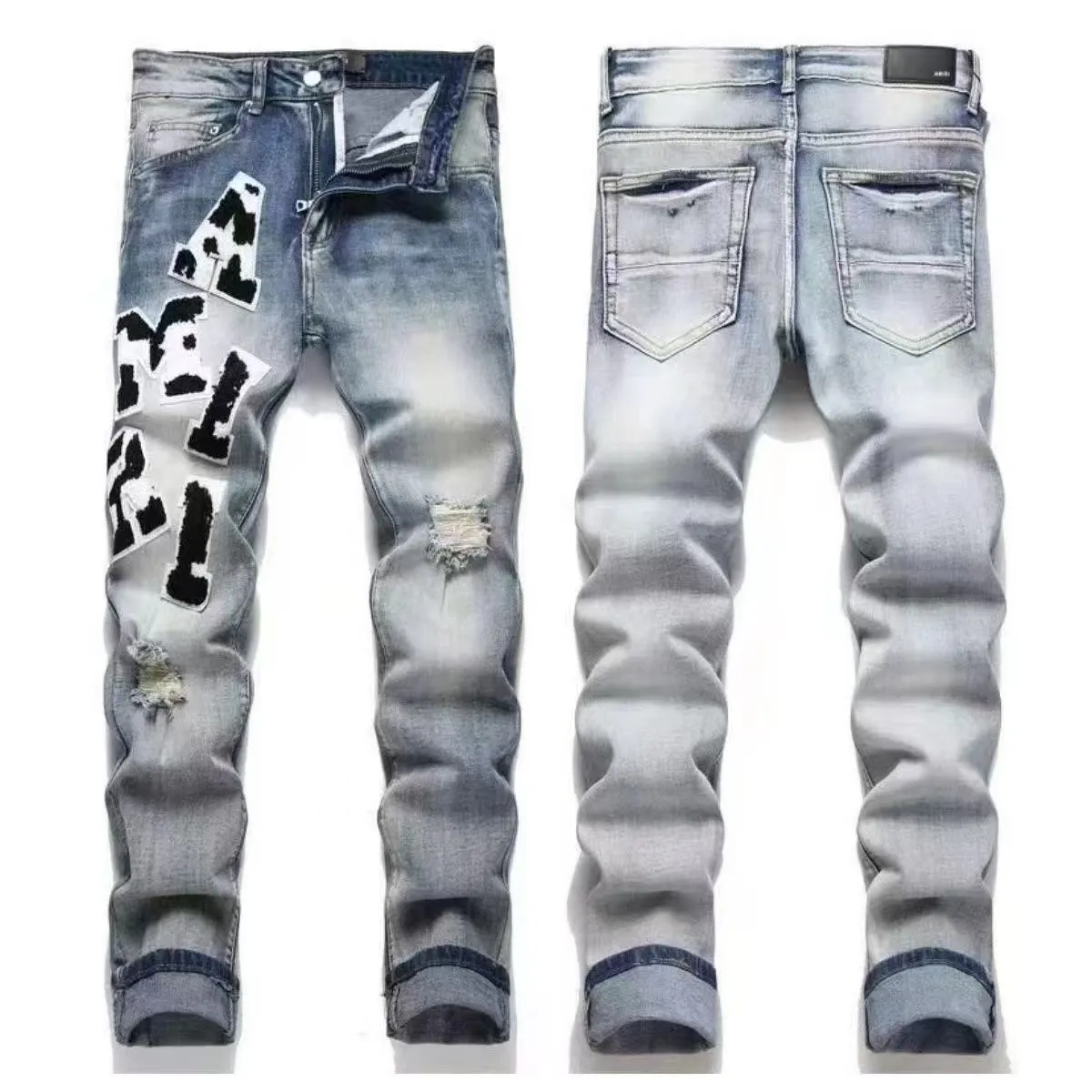 #M41 P168💰 Amiri classic embroidered patched leather ripped letter jeans, slim fit jeans, produced by a major washed factory, full of high-end feel, partially destroyed knee design with patchwork leather design, has been used as a facade design, leather waist nameplate, the focus of this style is not on the washing, but on the destroyed shape and version. The secret lies in the craftsmanship of the master. The cost of post-processing, grinding, cutting, etc. is far beyond the cost of assembly line products. Color: Picture color Size: 30-32-34-36