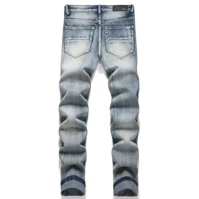 #M41 P168💰 Amiri classic embroidered patched leather ripped letter jeans, slim fit jeans, produced by a major washed factory, full of high-end feel, partially destroyed knee design with patchwork leather design, has been used as a facade design, leather waist nameplate, the focus of this style is not on the washing, but on the destroyed shape and version. The secret lies in the craftsmanship of the master. The cost of post-processing, grinding, cutting, etc. is far beyond the cost of assembly line products. Color: Picture color Size: 30-32-34-36