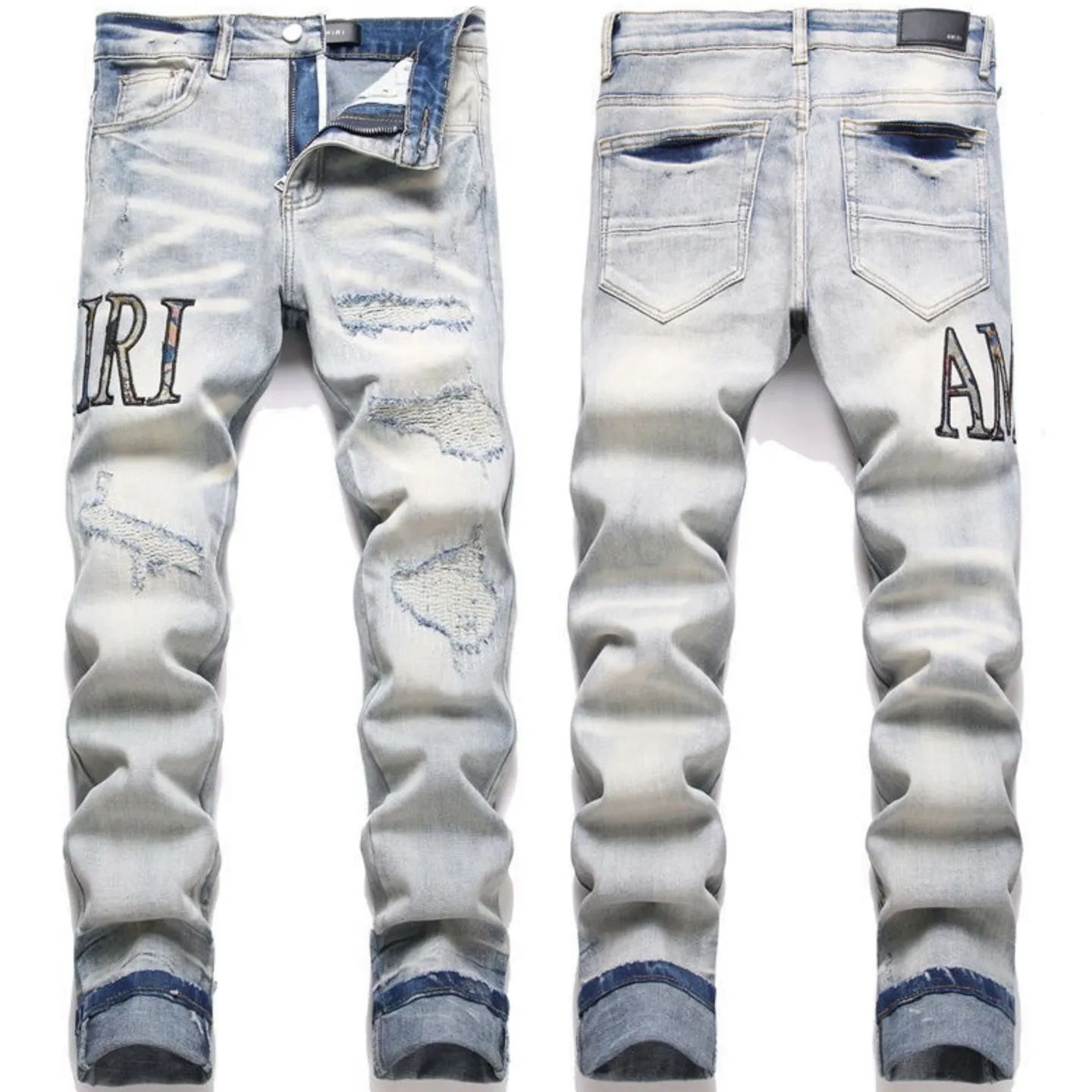 #M48 P168💰 Amiri classic embroidered patched leather distressed lettered jeans, slim fit jeans, produced by a major washed factory, full of high-end feel, partially destroyed knee design with leather patchwork design, has been used as a facade design, leather waist nameplate, the focus of this style is not on the washing, but on the destroyed shape and version. The secret lies in the craftsmanship of the master. The cost of post-processing, grinding, cutting, etc. is far beyond the cost of assembly line products. Color: Picture color Size: 30-32-34-36