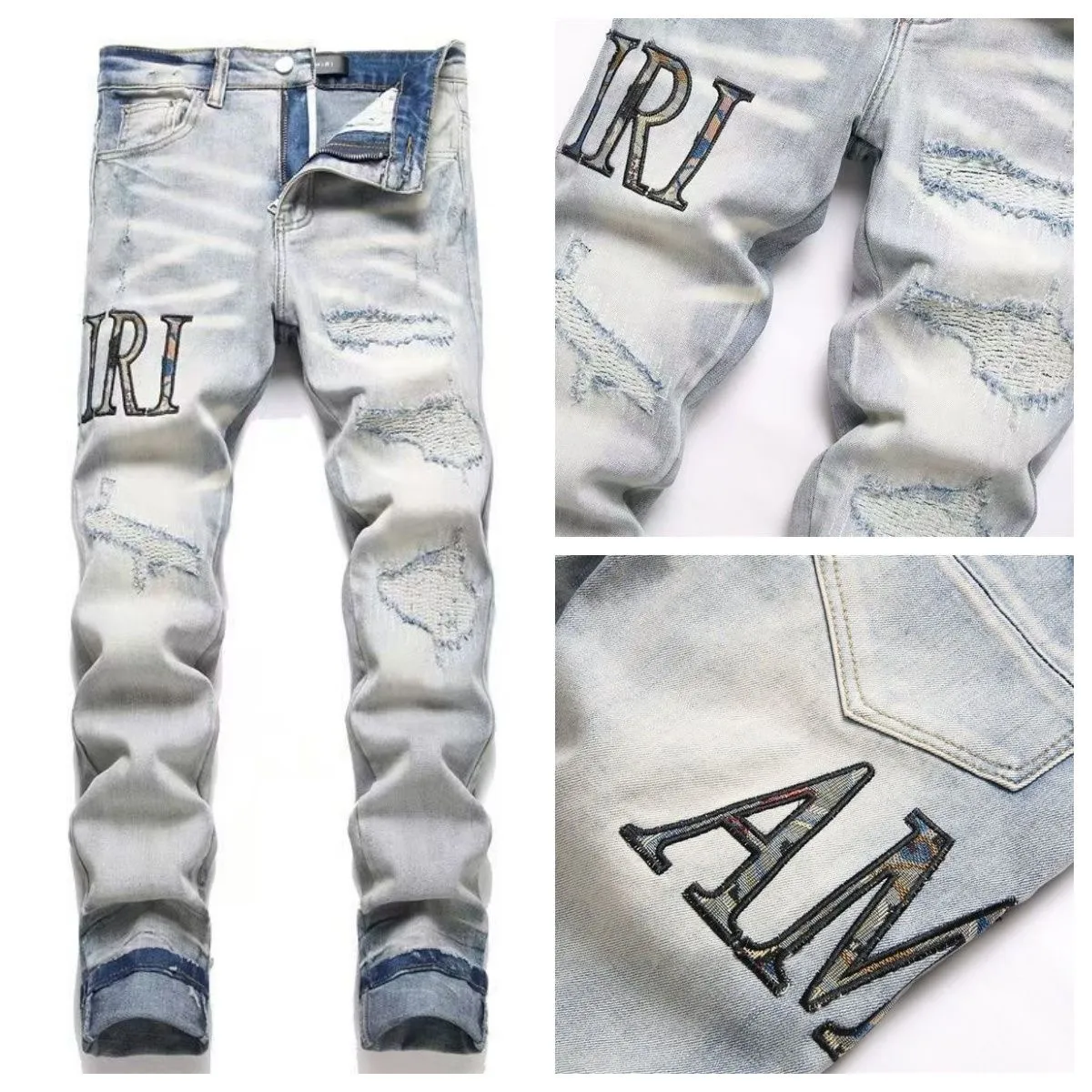 #M48 P168💰 Amiri classic embroidered patched leather distressed lettered jeans, slim fit jeans, produced by a major washed factory, full of high-end feel, partially destroyed knee design with leather patchwork design, has been used as a facade design, leather waist nameplate, the focus of this style is not on the washing, but on the destroyed shape and version. The secret lies in the craftsmanship of the master. The cost of post-processing, grinding, cutting, etc. is far beyond the cost of assembly line products. Color: Picture color Size: 30-32-34-36
