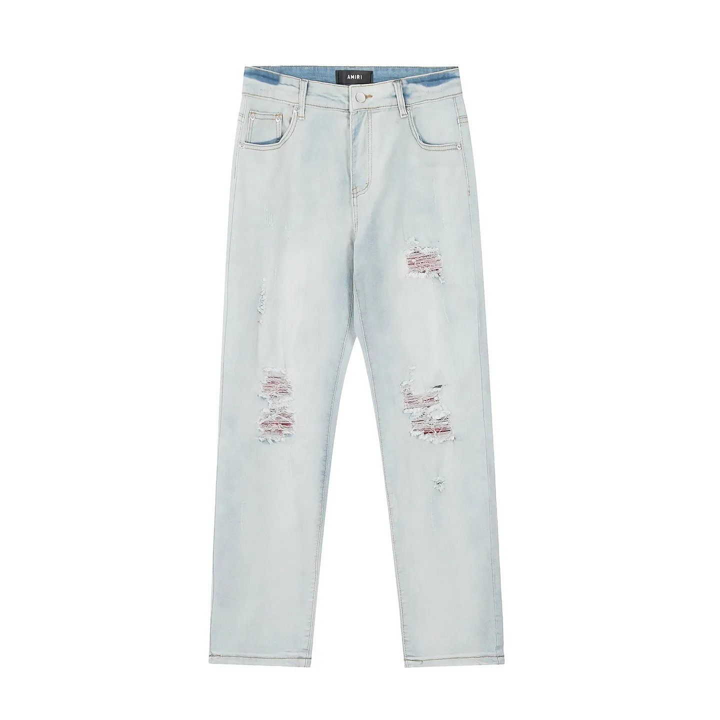 ￼#M16 P168💰 AMIRI patch embroidery jeans trousers AMIRI high street basic ripped tight elastic jeans trousers amiri brand jeans break the production process and cutting of the original jeans, the fabrics are softer and more comfortable Hand-sewn collar label Customized logo buttons Genuine leather tag Color: Picture color Size: 30-32-34-36