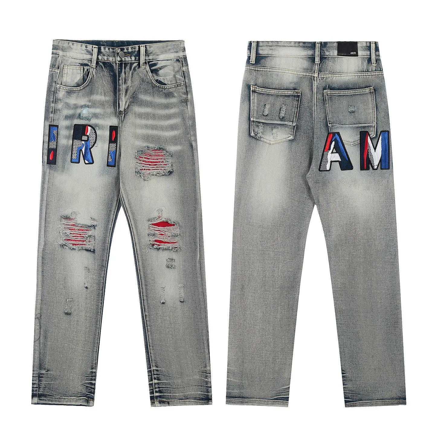 #M30 P168💰 Amiri classic embroidered patched leather ripped letter skinny jeans. Slim skinny jeans. Produced by a major washed factory. Full of high-end feel. Knee part destroyed design with patchwork design. Already used as facade design. Leather waist nameplate. The focus of this style is not on washing, but on the destroyed shape and version. The secret lies in the craftsmanship of the master. The cost of post-processing, grinding, cutting, etc. is far beyond the cost of assembly line products. Color: Picture color Size: 30-32-34-36