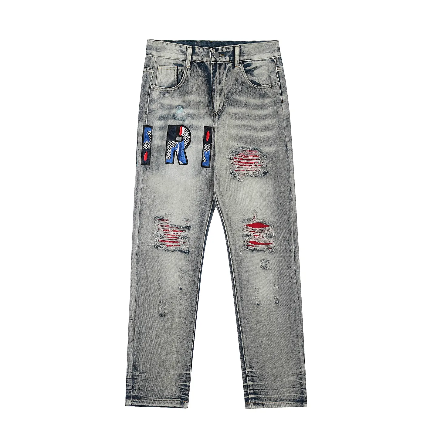 #M30 P168💰 Amiri classic embroidered patched leather ripped letter skinny jeans. Slim skinny jeans. Produced by a major washed factory. Full of high-end feel. Knee part destroyed design with patchwork design. Already used as facade design. Leather waist nameplate. The focus of this style is not on washing, but on the destroyed shape and version. The secret lies in the craftsmanship of the master. The cost of post-processing, grinding, cutting, etc. is far beyond the cost of assembly line products. Color: Picture color Size: 30-32-34-36