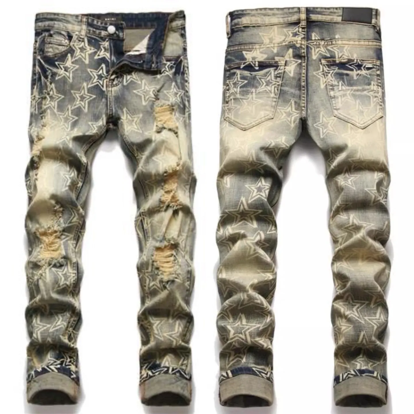 #M60 P168💰 AMIRI patch embroidery jeans trousers AMIRI high street basic ripped tight elastic jeans trousers amiri brand jeans break the production process and cutting of the original jeans, the fabrics are softer and more comfortable Hand-sewn collar label Customized logo buttons Genuine leather tag Color: Picture color Size: 30-32-34-36