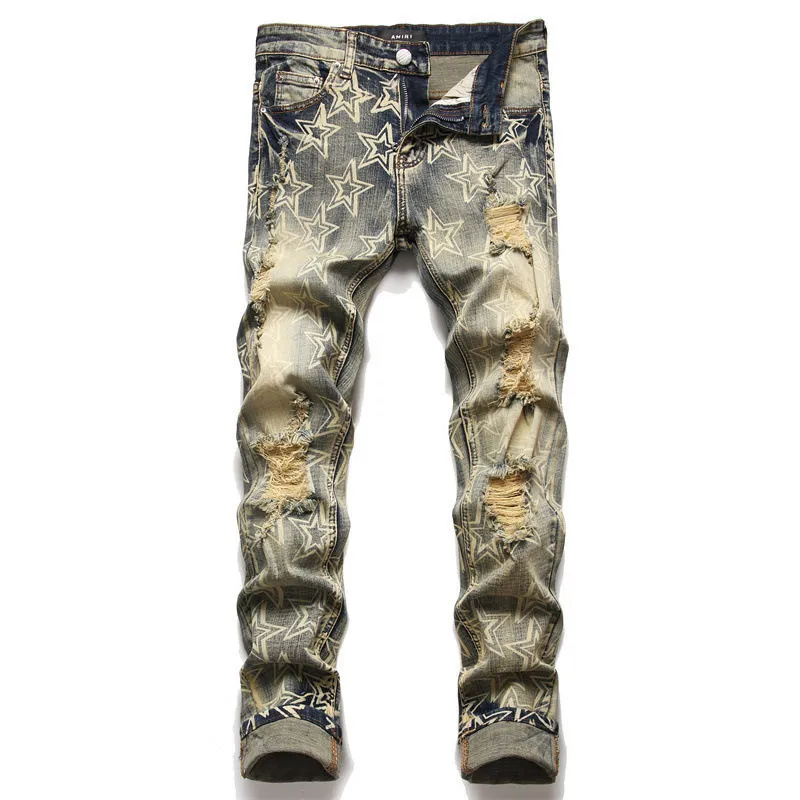 #M60 P168💰 AMIRI patch embroidery jeans trousers AMIRI high street basic ripped tight elastic jeans trousers amiri brand jeans break the production process and cutting of the original jeans, the fabrics are softer and more comfortable Hand-sewn collar label Customized logo buttons Genuine leather tag Color: Picture color Size: 30-32-34-36
