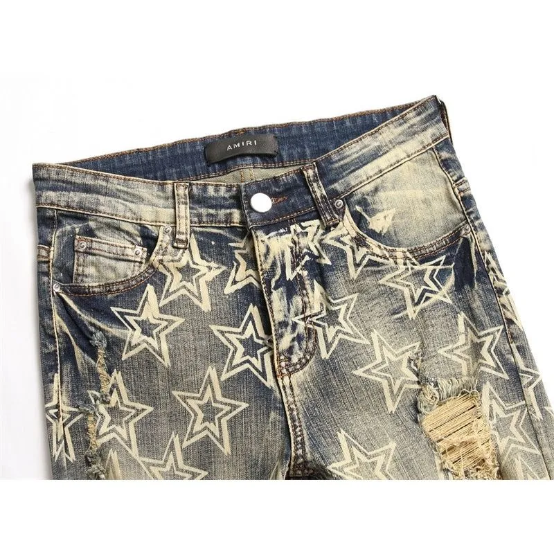#M60 P168💰 AMIRI patch embroidery jeans trousers AMIRI high street basic ripped tight elastic jeans trousers amiri brand jeans break the production process and cutting of the original jeans, the fabrics are softer and more comfortable Hand-sewn collar label Customized logo buttons Genuine leather tag Color: Picture color Size: 30-32-34-36