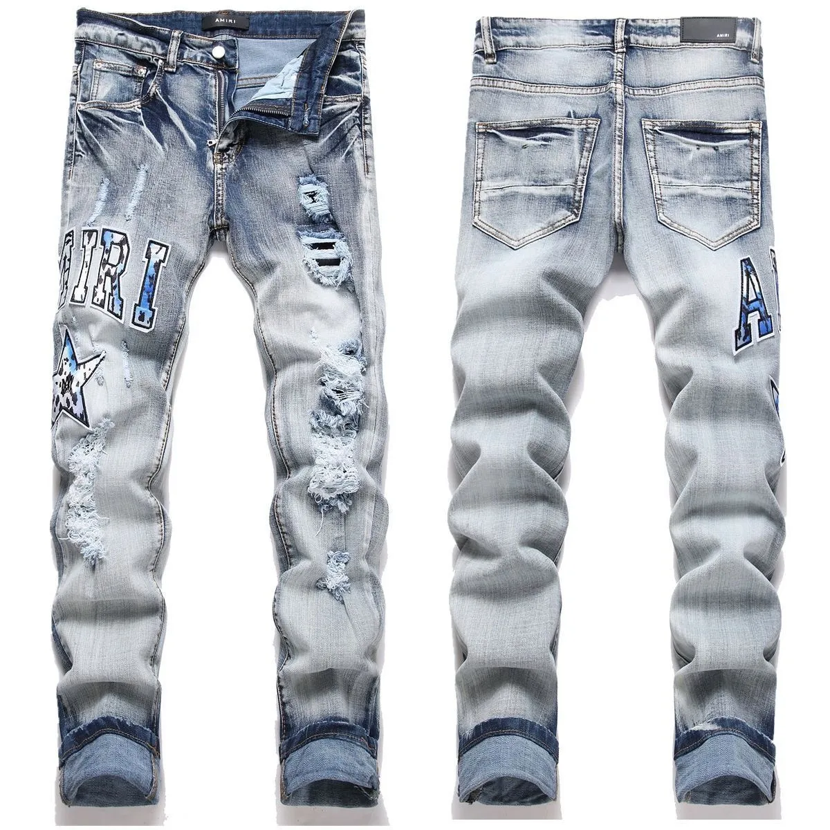#M50 P168💰 Amiri classic embroidered patched leather ripped letter jeans, slim fit jeans, produced by a major washed factory, full of high-end feel, partially destroyed knee design with patchwork leather design, has been used as a facade design, leather waist nameplate, the focus of this style is not on the washing, but on the destroyed shape and version. The secret lies in the craftsmanship of the master. The cost of post-processing, grinding, cutting, etc. is far beyond the cost of assembly line products. Color: Picture color Size: 30-32-34-36