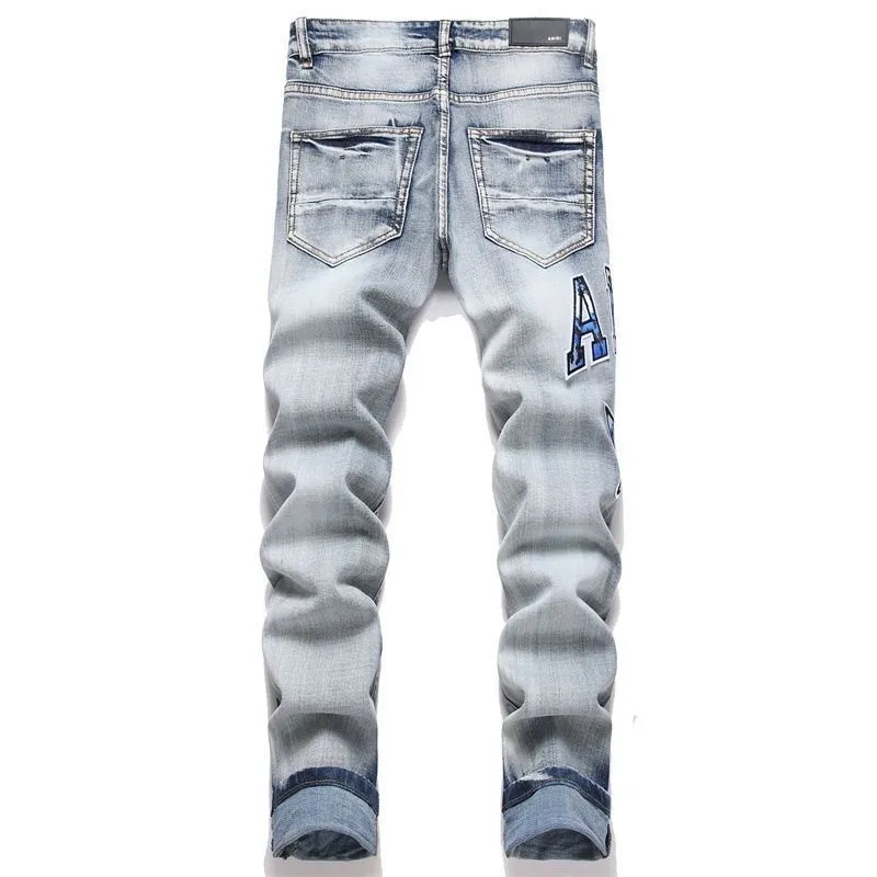 #M50 P168💰 Amiri classic embroidered patched leather ripped letter jeans, slim fit jeans, produced by a major washed factory, full of high-end feel, partially destroyed knee design with patchwork leather design, has been used as a facade design, leather waist nameplate, the focus of this style is not on the washing, but on the destroyed shape and version. The secret lies in the craftsmanship of the master. The cost of post-processing, grinding, cutting, etc. is far beyond the cost of assembly line products. Color: Picture color Size: 30-32-34-36