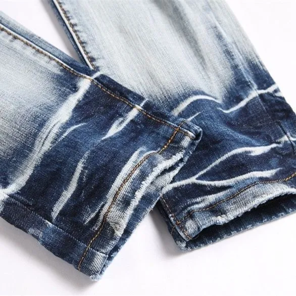 #M50 P168💰 Amiri classic embroidered patched leather ripped letter jeans, slim fit jeans, produced by a major washed factory, full of high-end feel, partially destroyed knee design with patchwork leather design, has been used as a facade design, leather waist nameplate, the focus of this style is not on the washing, but on the destroyed shape and version. The secret lies in the craftsmanship of the master. The cost of post-processing, grinding, cutting, etc. is far beyond the cost of assembly line products. Color: Picture color Size: 30-32-34-36