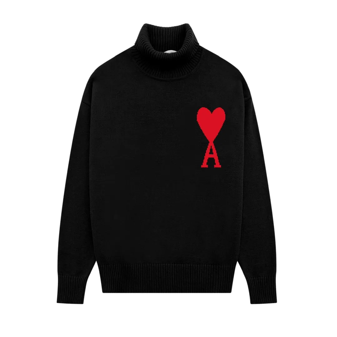 A12B#Ami Paris 2021Ami de Coeur white love love jacquard embroidered wool sweater Love A turtleneck Oversize version design Same style for men and women Color: blue dark green red red grass green yellow black white gray gray black royal blue Size: S-XL