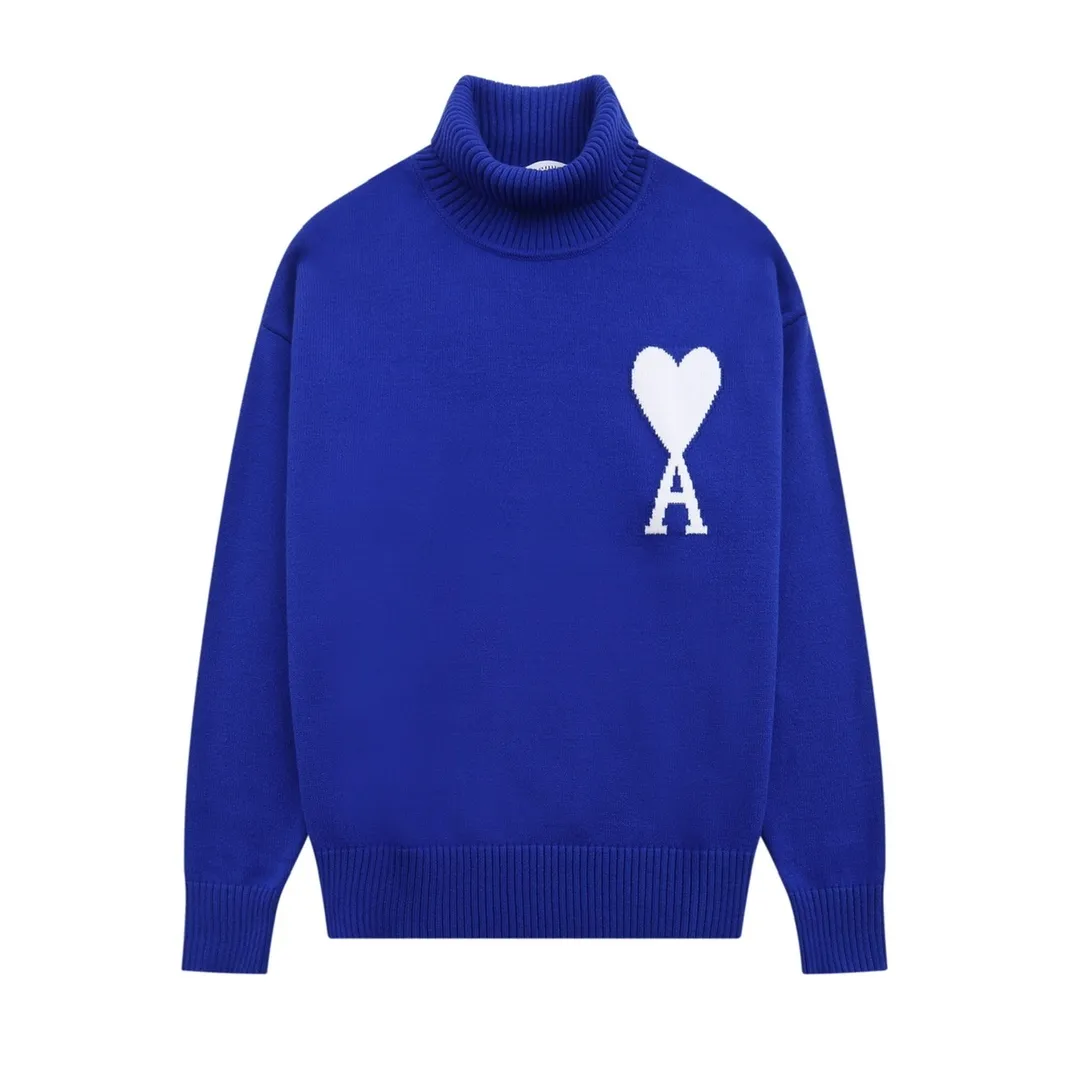 A12B#Ami Paris 2021Ami de Coeur white love love jacquard embroidered wool sweater Love A turtleneck Oversize version design Same style for men and women Color: blue dark green red red grass green yellow black white gray gray black royal blue Size: S-XL