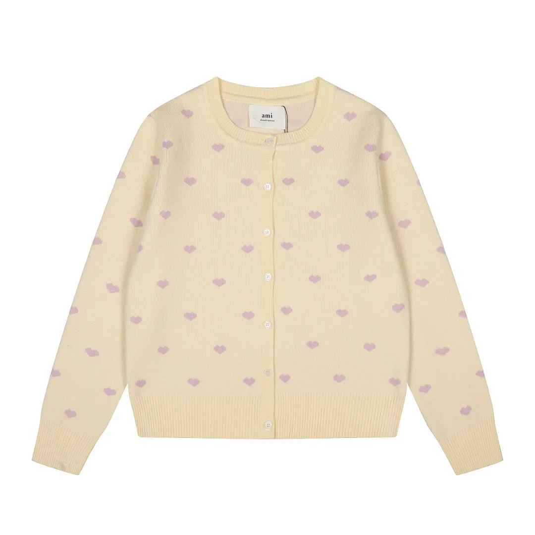 Ami/Ami's new jacquard love-printed goddess style must-have autumn and winter knitted cardigan small jacket Size: S-XL Color: White red heart Black red heart Red white heart Milky apricot purple heart Navy blue white heart Pink red heart