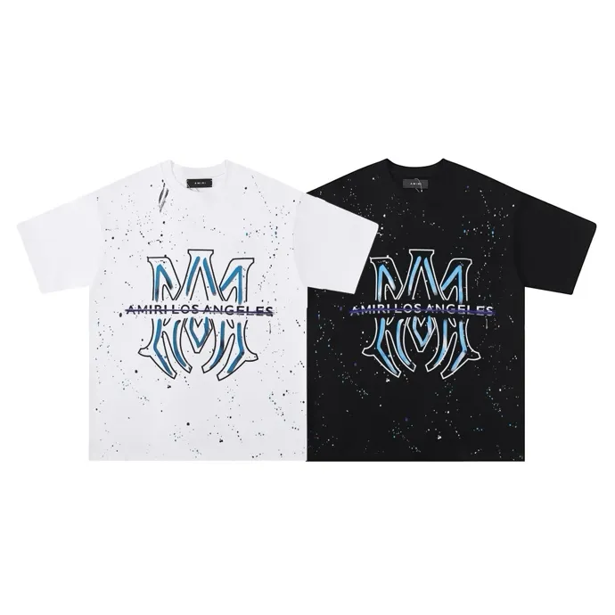Style number: 714 P126 Fabric: 260g double yarn AMIRI 2025 spring and summer new logo round neck T-shirt high street men and women loose classic letter splash black short sleeves Color: black. White Size: S M L XL
