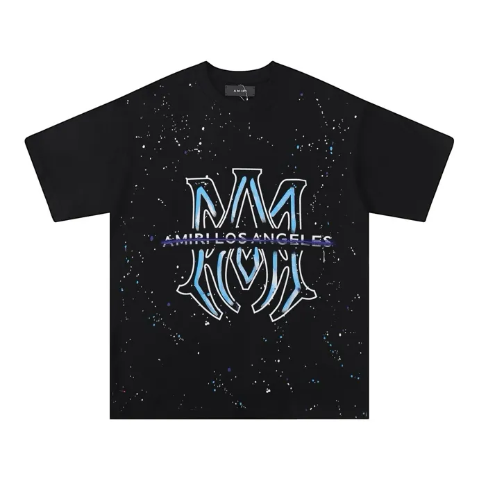 Style number: 714 P126 Fabric: 260g double yarn AMIRI 2025 spring and summer new logo round neck T-shirt high street men and women loose classic letter splash black short sleeves Color: black. White Size: S M L XL