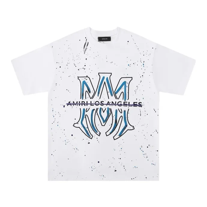Style number: 714 P126 Fabric: 260g double yarn AMIRI 2025 spring and summer new logo round neck T-shirt high street men and women loose classic letter splash black short sleeves Color: black. White Size: S M L XL