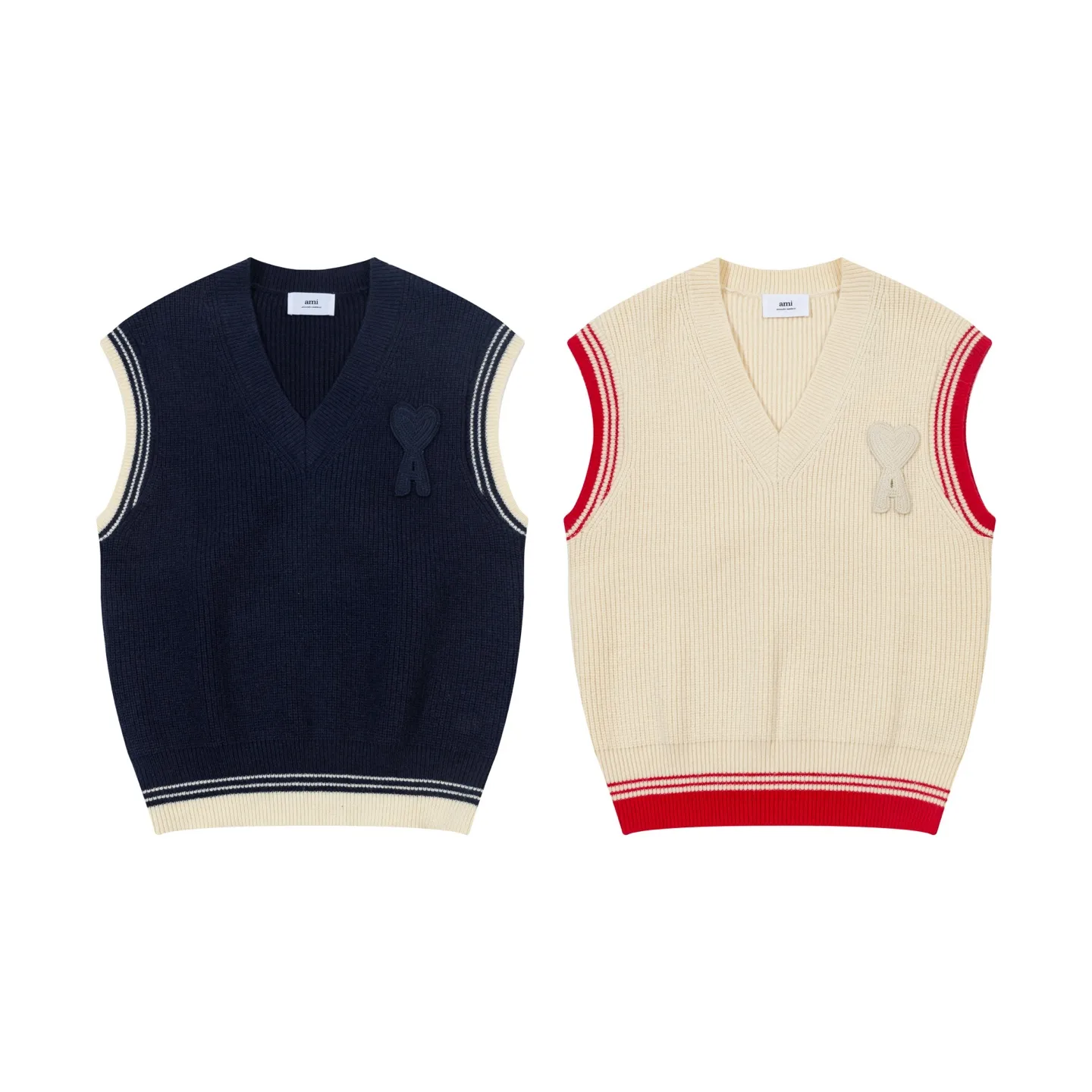 A8188# AMI Paris 2025 Autumn and Winter New Arrival Woven ADC Striped V-neck Pullover Vest Love Text Logo Sheep Knitted Sweater Bottoming Vest High Weight Oversize Version Same Style for Men and Women Color: Baolan Apricot Code Number: S-XL