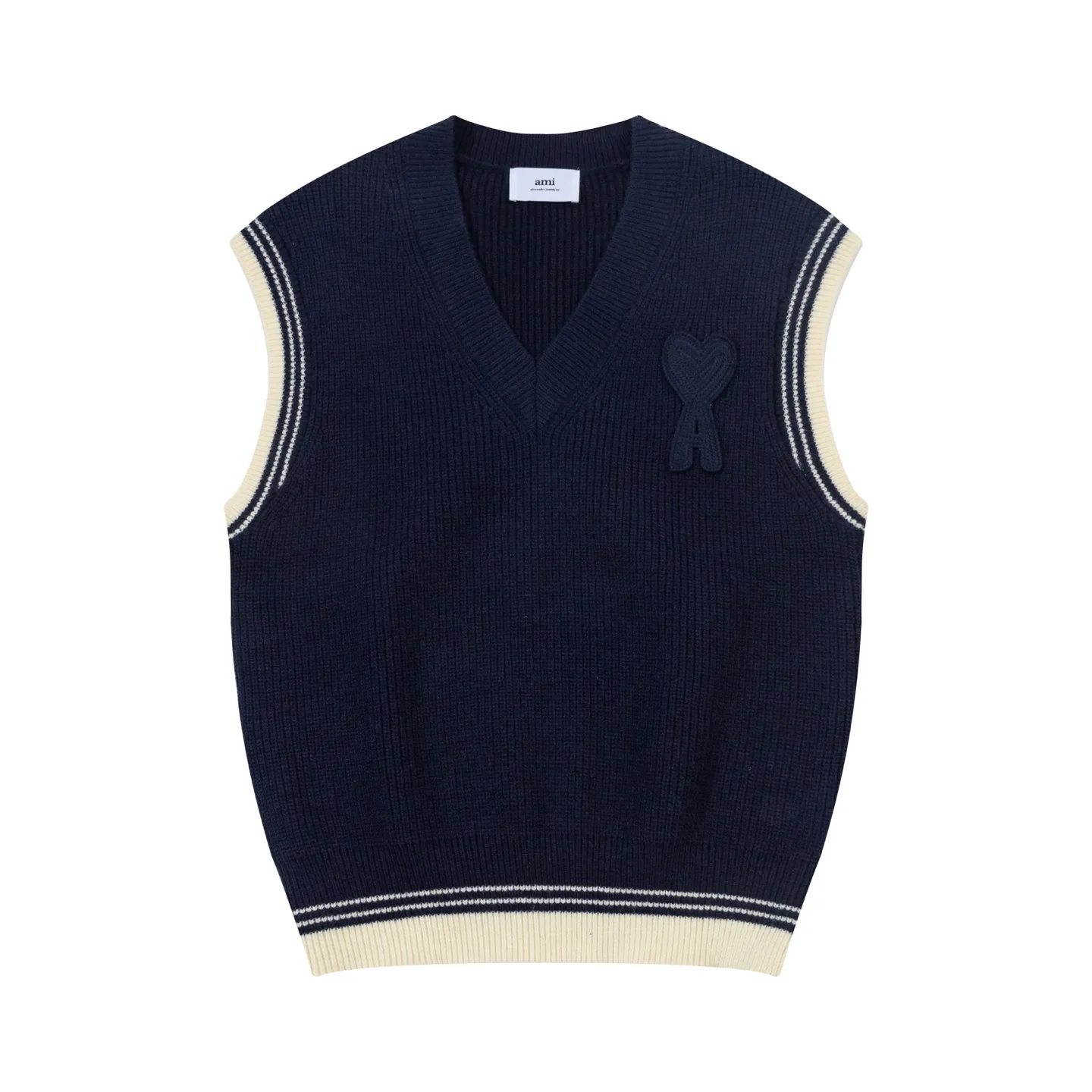 A8188# AMI Paris 2025 Autumn and Winter New Arrival Woven ADC Striped V-neck Pullover Vest Love Text Logo Sheep Knitted Sweater Bottoming Vest High Weight Oversize Version Same Style for Men and Women Color: Baolan Apricot Code Number: S-XL