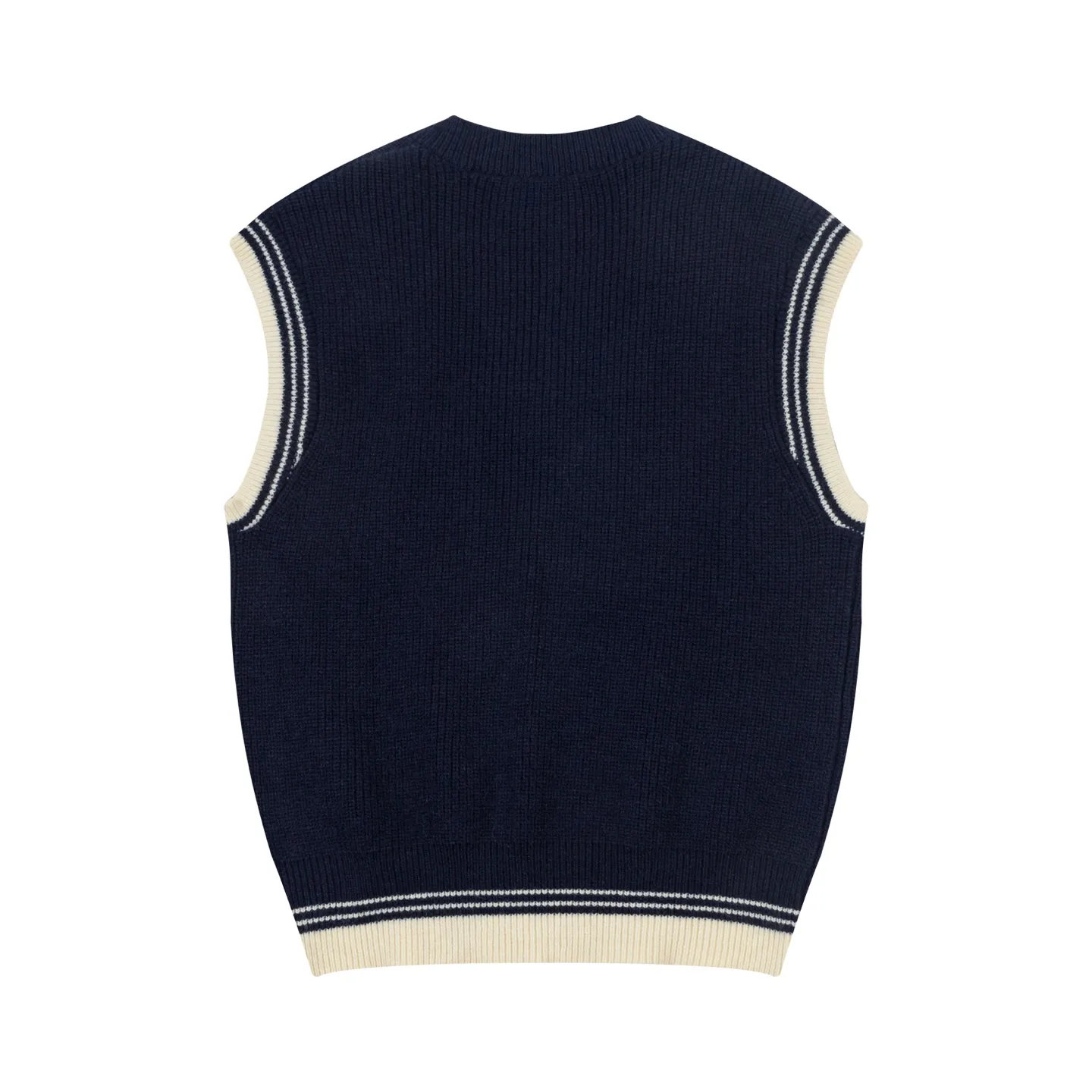A8188# AMI Paris 2025 Autumn and Winter New Arrival Woven ADC Striped V-neck Pullover Vest Love Text Logo Sheep Knitted Sweater Bottoming Vest High Weight Oversize Version Same Style for Men and Women Color: Baolan Apricot Code Number: S-XL