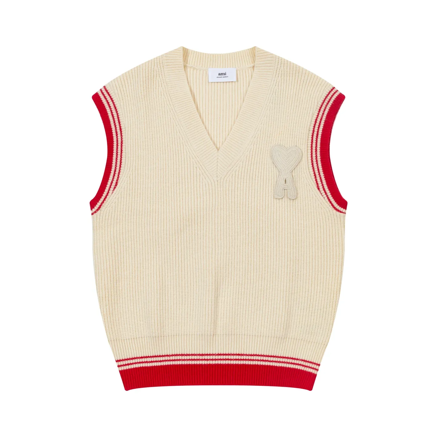 A8188# AMI Paris 2025 Autumn and Winter New Arrival Woven ADC Striped V-neck Pullover Vest Love Text Logo Sheep Knitted Sweater Bottoming Vest High Weight Oversize Version Same Style for Men and Women Color: Baolan Apricot Code Number: S-XL