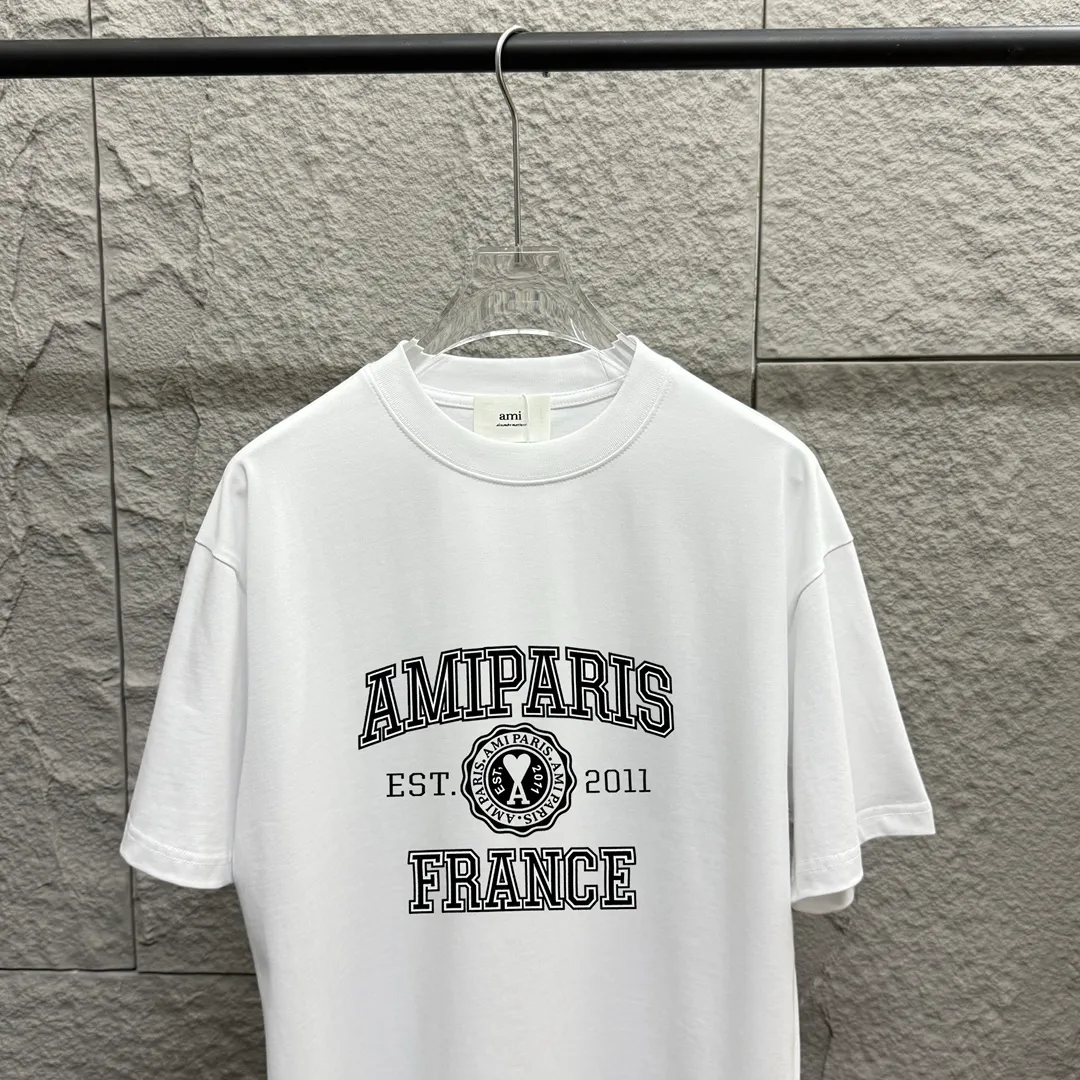 🅿️180 Ami* 2025 spring and summer new style Ami letter flocking technology Customized double yarn plain cotton fabric Short-sleeved T-shirt Uniform for men and women Color: black white floral gray Size: S (90-130 catties) M (120-150 catties) L (140-165 catties) XL (160-180 catties) XXL (180-210 pounds)