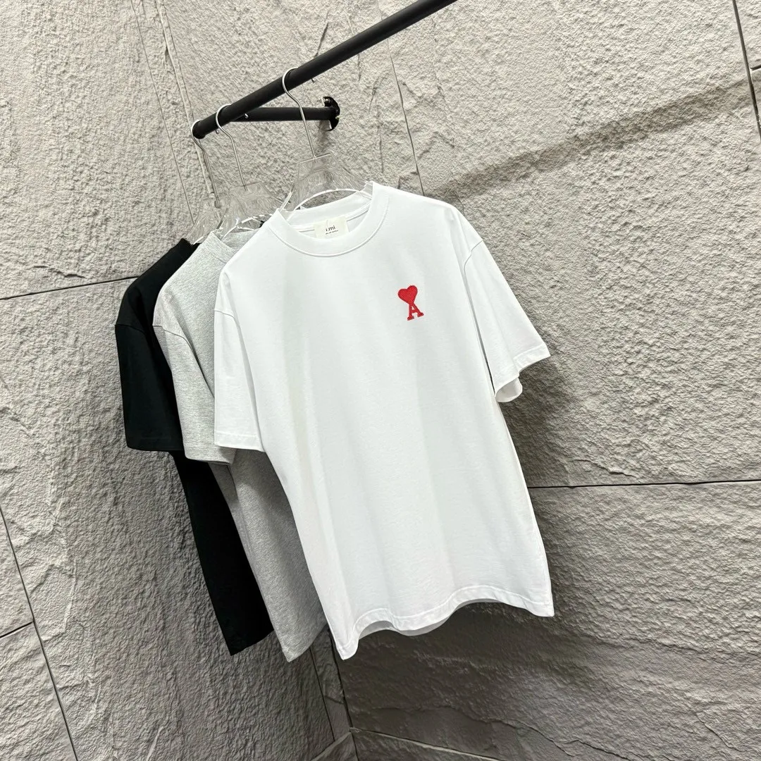 🅿️180 Ami* 2025 spring and summer new style Embroidered red love Customized double yarn plain cotton fabric Short-sleeved T-shirt Uniform for men and women Color: black white light blue light pink Size: S (90-130 pounds) M (120-150 pounds) L (140-165 pounds) XL (160-180 pounds) XXL (180-210 pounds)