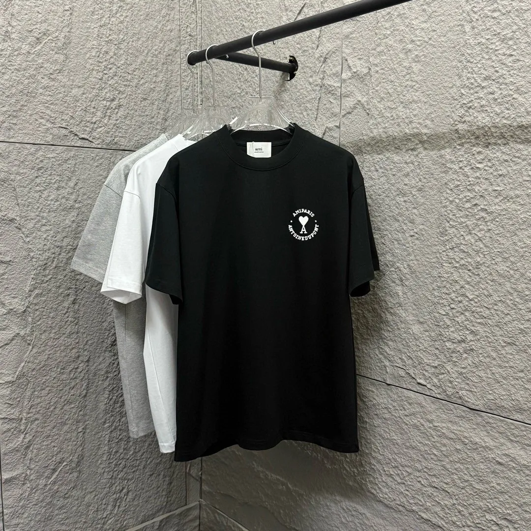 🅿️180 Ami* 2025 Spring and Summer New Style Embroidered Circle Little Love Customized Double Yarn Plain Cotton Fabric Short Sleeve T-shirt Uniform for Men and Women Color: Black White Size: S (90-130kg) M (120-150kg) L (140-165kg) XL (160-180kg) XXL (180-210kg)