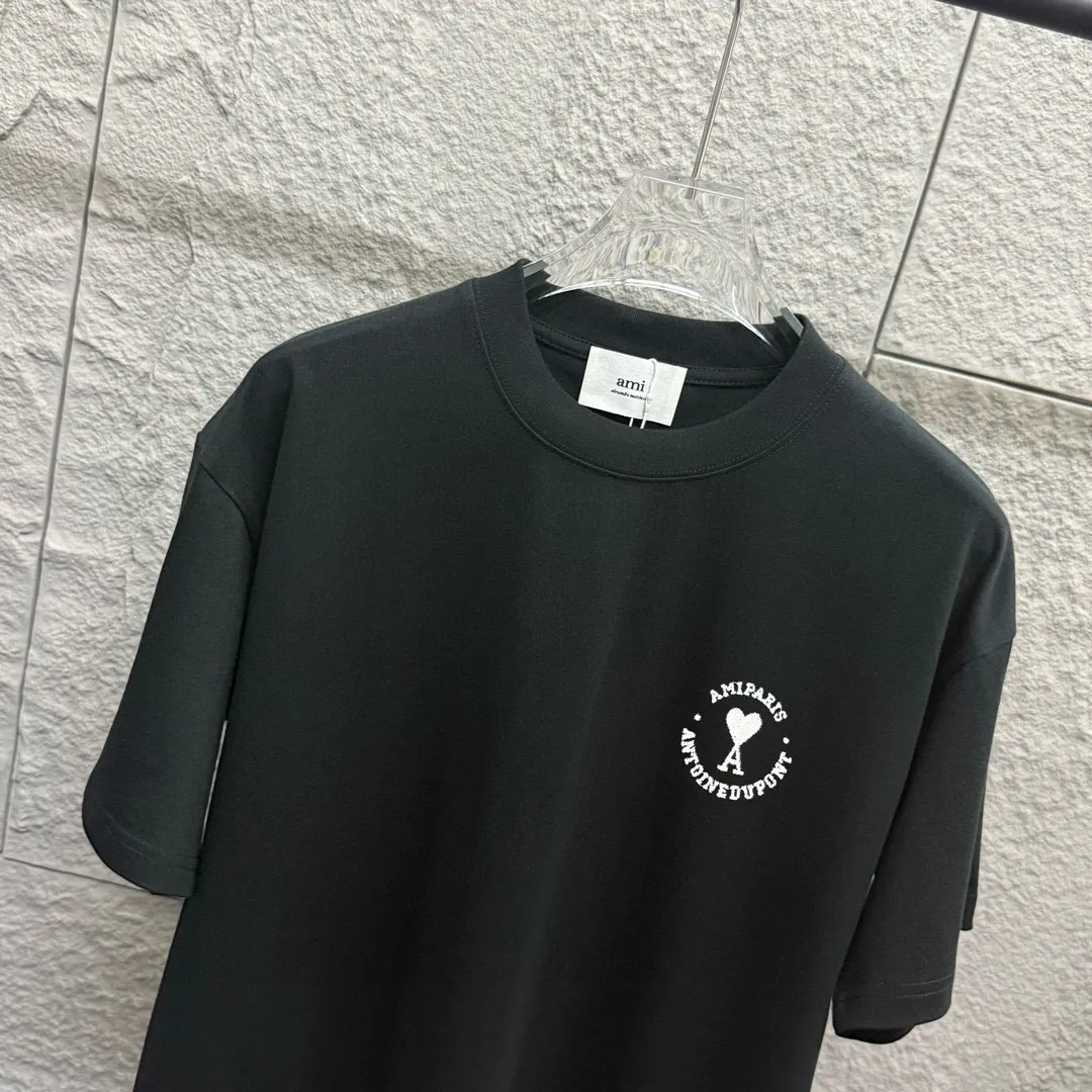 🅿️180 Ami* 2025 Spring and Summer New Style Embroidered Circle Little Love Customized Double Yarn Plain Cotton Fabric Short Sleeve T-shirt Uniform for Men and Women Color: Black White Size: S (90-130kg) M (120-150kg) L (140-165kg) XL (160-180kg) XXL (180-210kg)