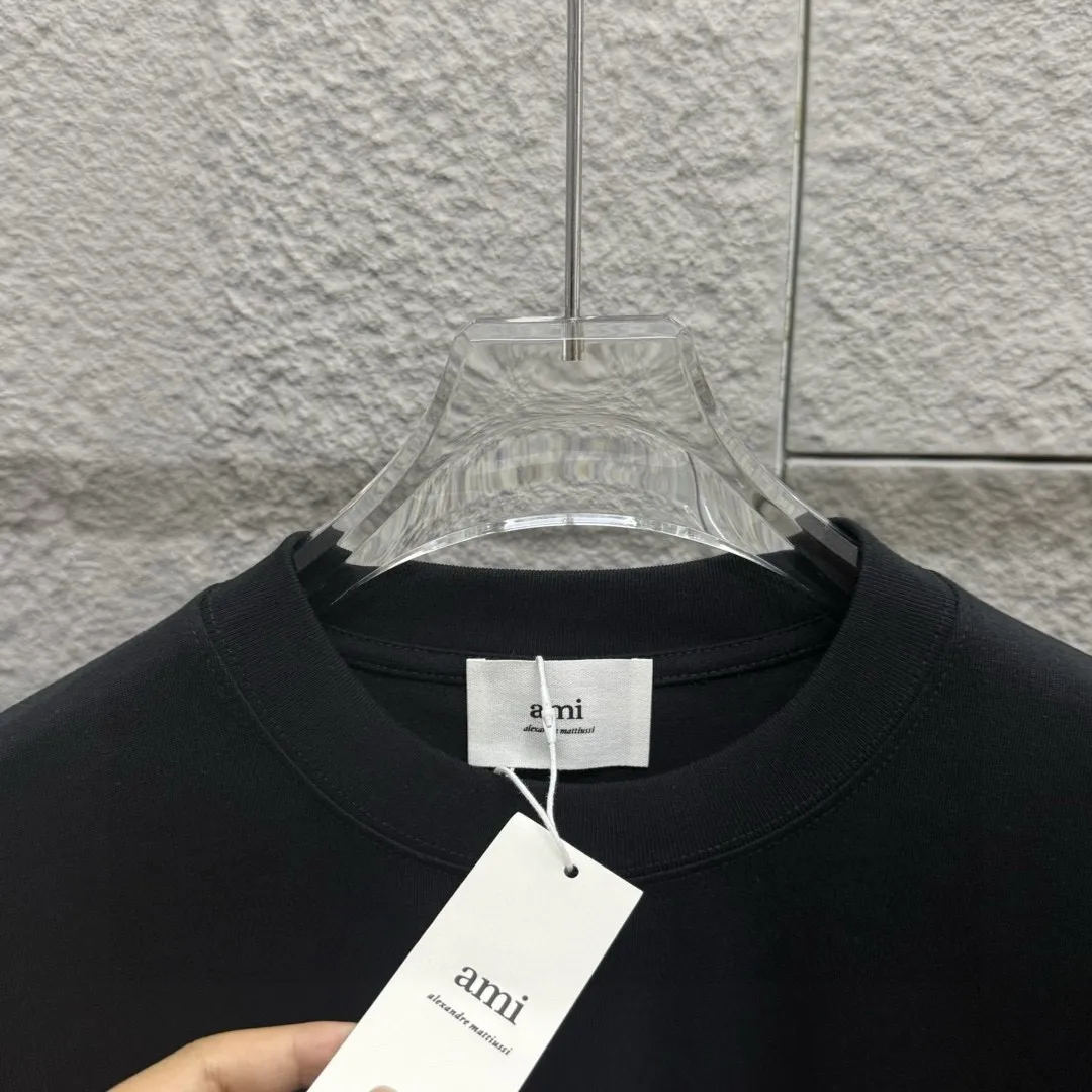 🅿️180 Ami* 2025 Spring and Summer New Style Embroidered Circle Little Love Customized Double Yarn Plain Cotton Fabric Short Sleeve T-shirt Uniform for Men and Women Color: Black White Size: S (90-130kg) M (120-150kg) L (140-165kg) XL (160-180kg) XXL (180-210kg)