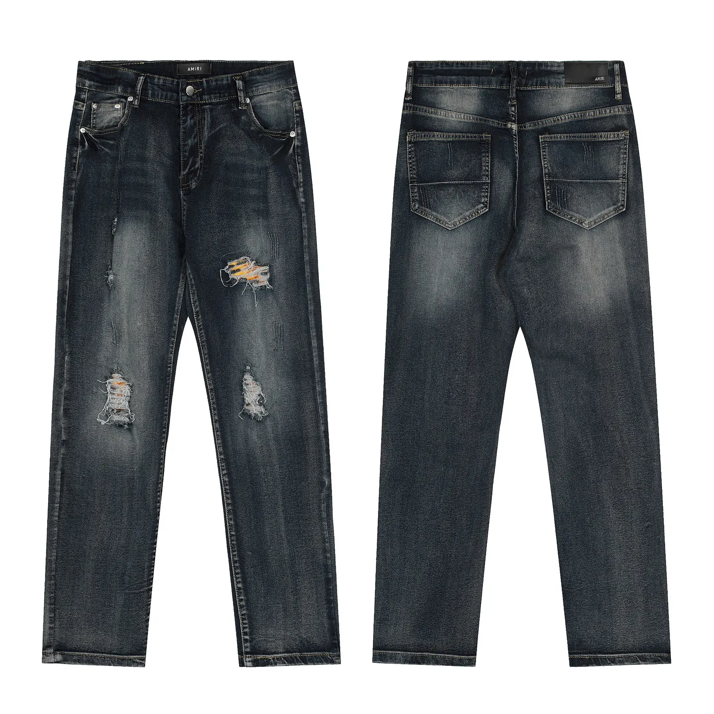 #M55 P168💰 AMIRI patch embroidery jeans trousers AMIRI high street basic ripped tight elastic jeans trousers amiri brand jeans break the production process and cutting of the original jeans, the fabrics are softer and more comfortable Hand-sewn collar label Customized logo buttons Genuine leather tag Color: Picture color Size: 30-32-34-36