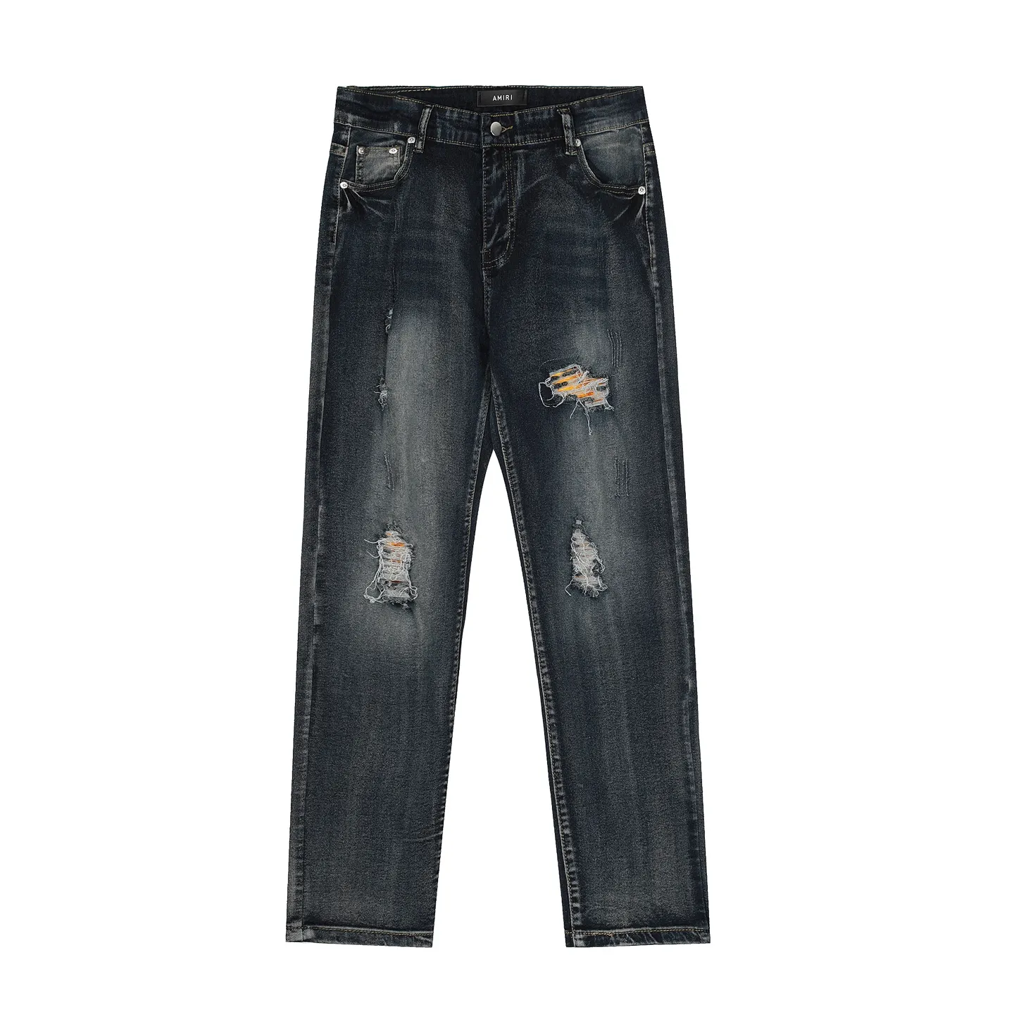 #M55 P168💰 AMIRI patch embroidery jeans trousers AMIRI high street basic ripped tight elastic jeans trousers amiri brand jeans break the production process and cutting of the original jeans, the fabrics are softer and more comfortable Hand-sewn collar label Customized logo buttons Genuine leather tag Color: Picture color Size: 30-32-34-36